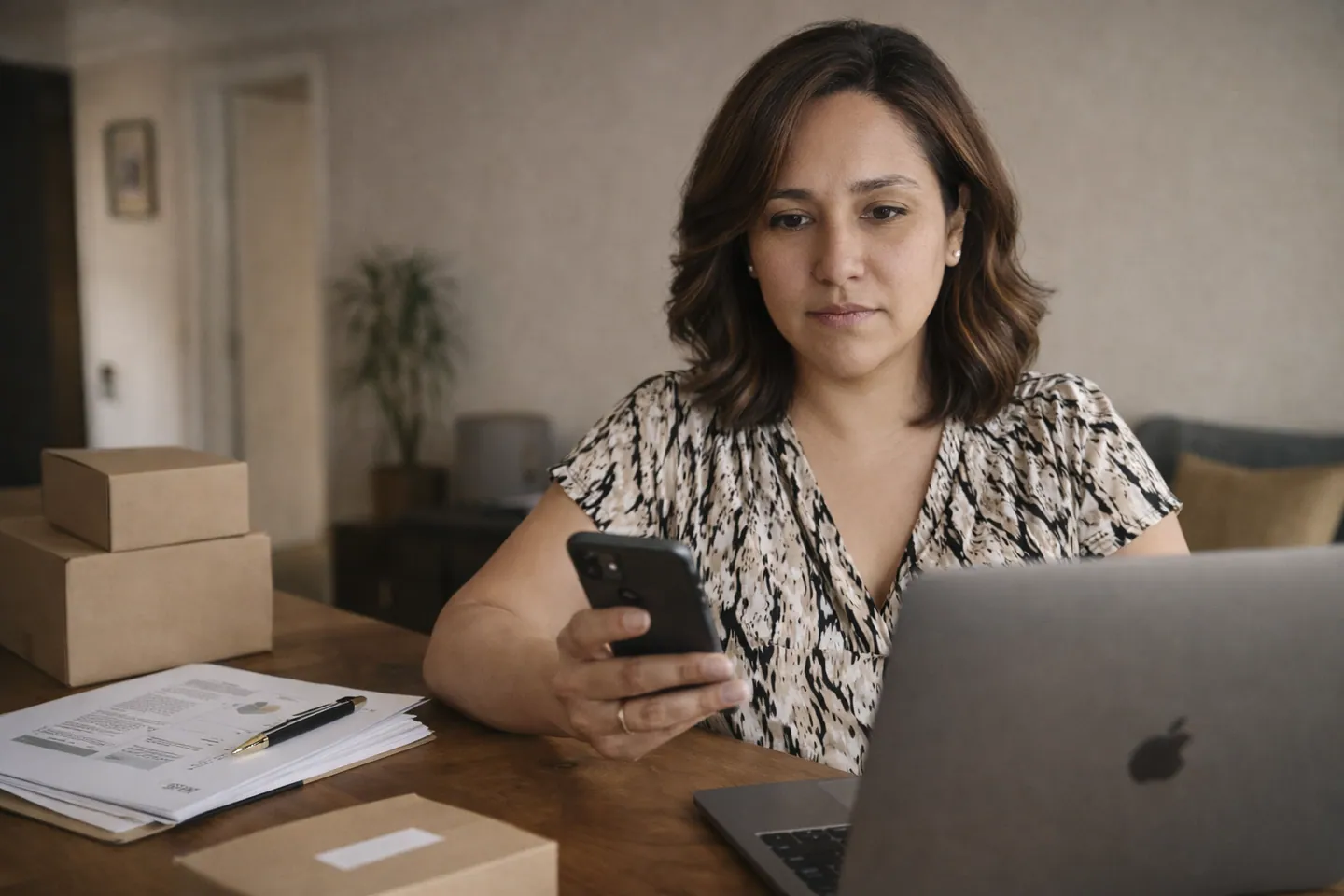 A founder reviewing orders at her desk, packages ready to ship